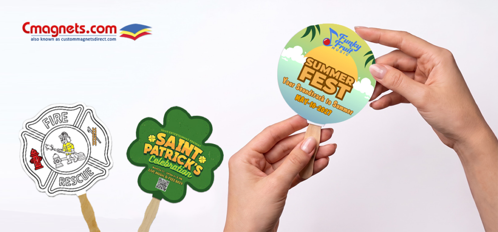 Custom paper hand fans on wooden sticks featuring fire rescue, St. Patrick's celebration, and summer fest designs from Custom Magnets Direct